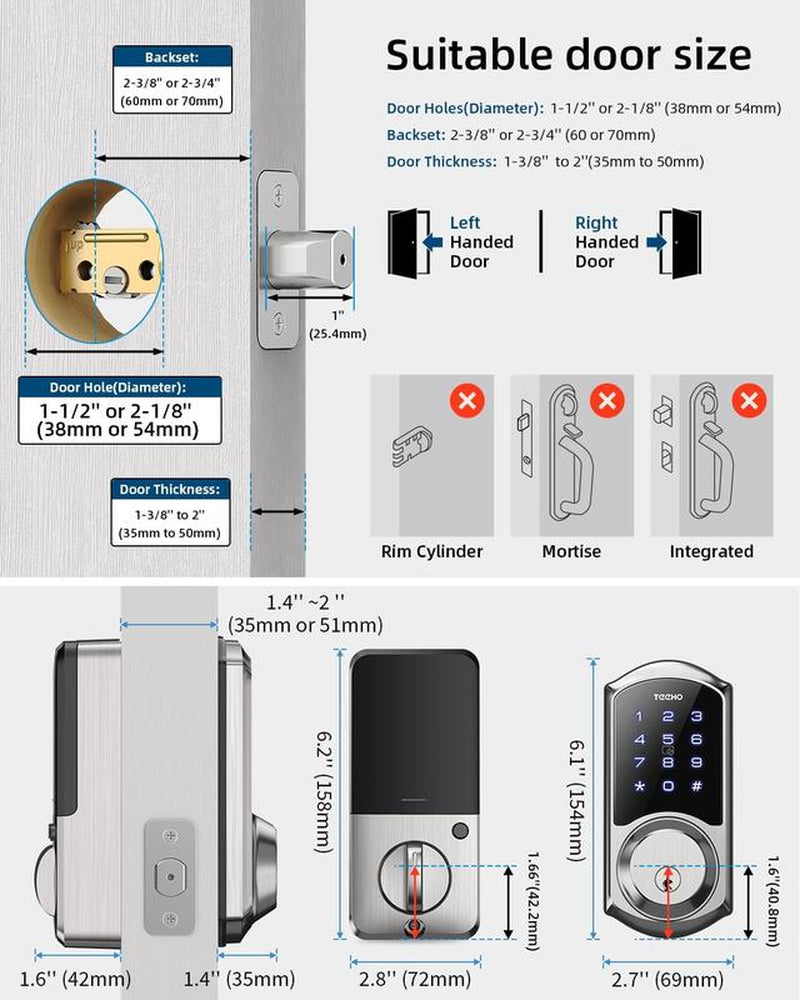 TEEHO TE006 Smart Lock - Keyless Entry Electronic Deadbolt with Keypads - Easy Install, IP54 Waterproof, and Auto Lock Features