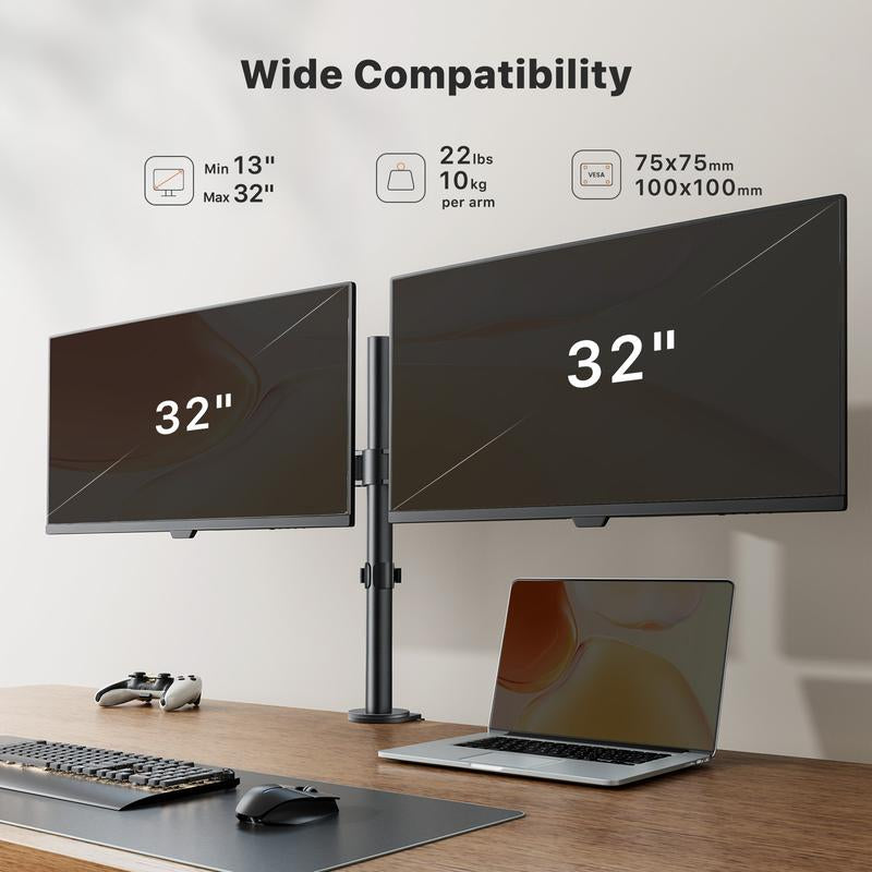 Ergear Dual Monitor Desk Mount, Adjustable Arms for 2 Screens up to 32", Heavy Duty Stand Holds 17.6 Lbs per Arm Easy Installation Modern Style Game Player Mobile