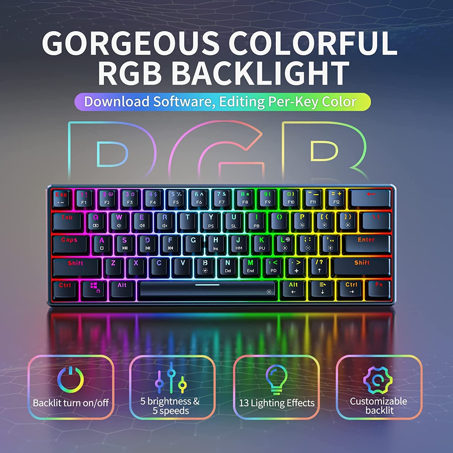 TH61 Ultra-Compact 60% RGB Mechanical Gaming Keyboard - Fully Programmable with Stunning Backlit Design